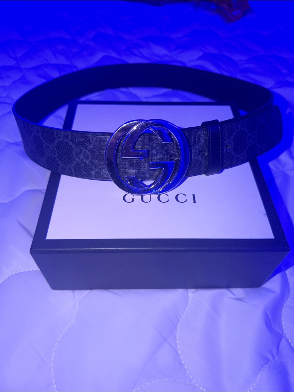 Gucci Black GG Supreme Belt with Silver Interlocking G Buckle